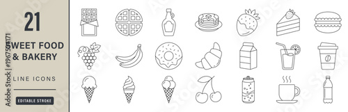 Sweet food, bakery and confectionery outline icon set for cafe menu, dessert shop, catering services and pastry business branding. Editable stroke vector delicious dessert illustration