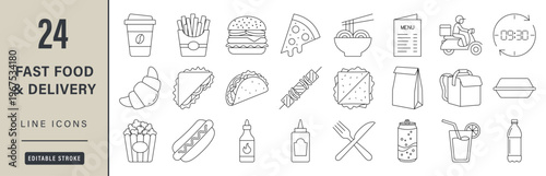 Fast food and delivery service outline icon set with burger, pizza, courier dispatch and logistics symbols for restaurant takeout apps. Editable stroke vector street food illustration