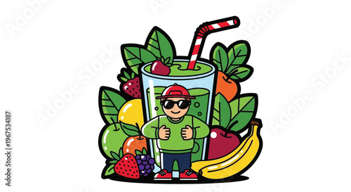 Cartoon character enjoying a refreshing green smoothie with fruits and straw