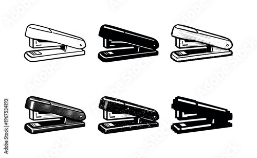 Stapler Design Variations. Desktop stapler tool with hinged top and staple slot designed for binding documents | Create ONE image