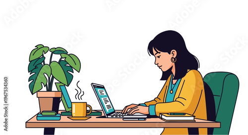 Woman working on laptop at desk with plant and books nearby feeling productive and focused