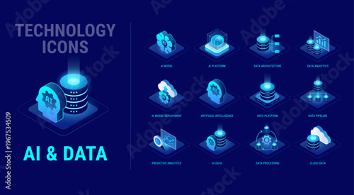 Technology icons set for AI and Data workflow diagram - AI platform, artificial intelligence, predictive data analytics, AI model, data pipeline, architecture, cloud - high quality isometric vector