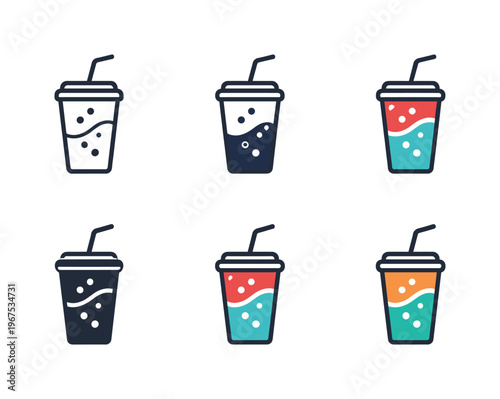 Carbonated Beverage Icons. Symbol representing refreshing carbonated beverages, combining a tall soda cup silhouette with a straw