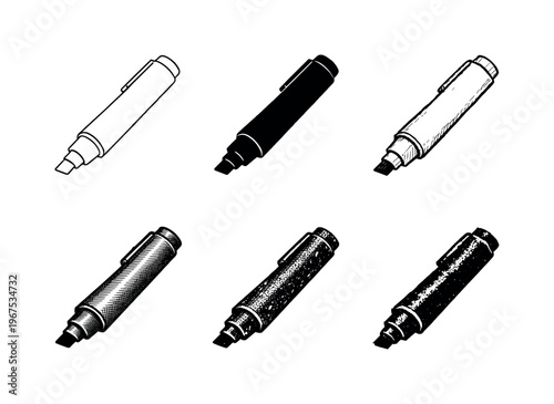 Broad tip marker with cylindrical body used for signage artwork and bold lettering | Create ONE image containing EXACTLY six