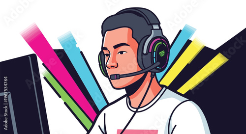 Young man wearing a gaming headset with a computer monitor nearby vector illustration