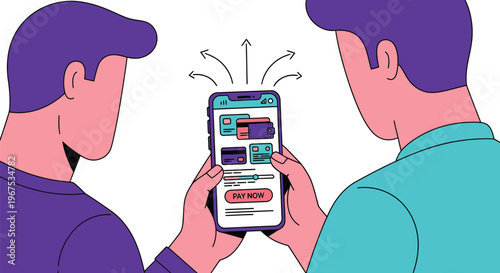 Two men making a mobile payment using a smartphone and credit cards