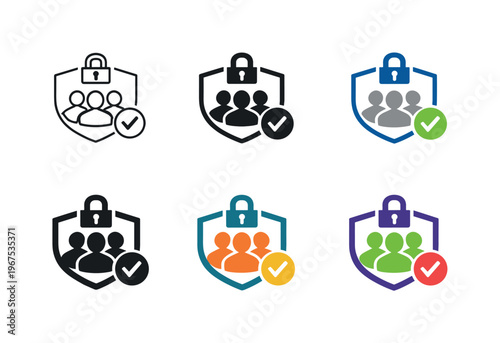 Emblem conveying governance of access levels, formed by interconnected user silhouettes enclosed within a secure frame and guided