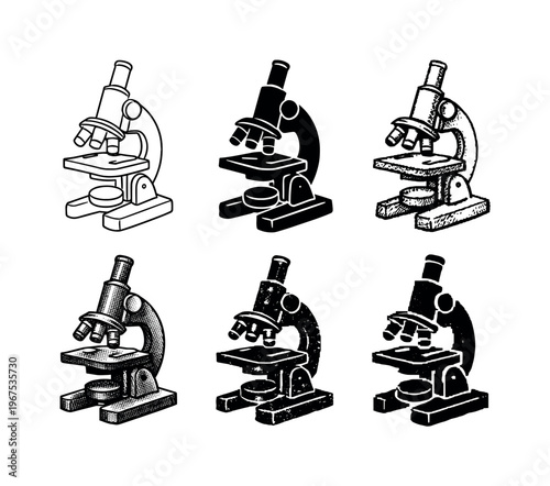 Student microscope equipment with stage and lens turret for educational experiments | Create ONE image containing EXACTLY six
