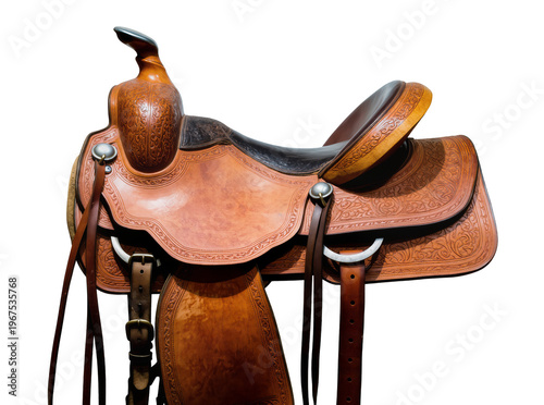 Принти на полотні Isolated elegant Western saddle made of intricately hand-tooled brown leather fo
