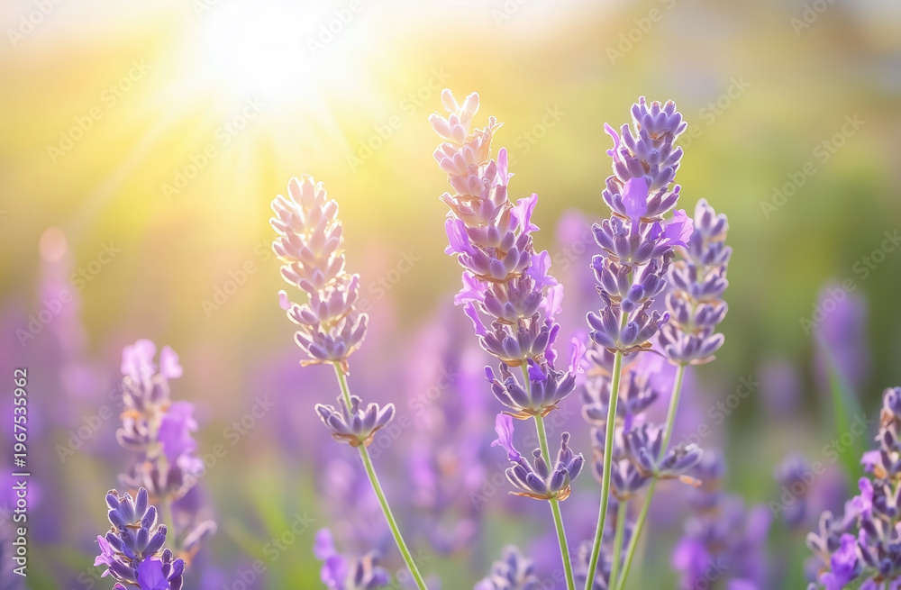 Obraz premium Close up of blooming lavender flowers in a field with golden sunlight shining through the purple blossoms.
