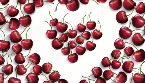 Cherries forming a heart shape with scattered fruit