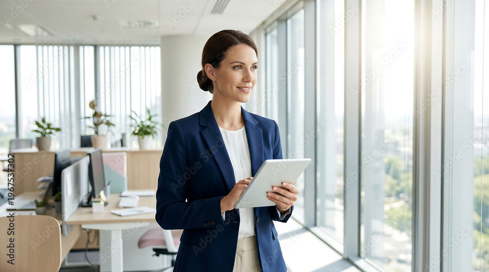 Fototapeta premium A confident businesswoman stands in a modern office with a tablet in her hand looking out the window