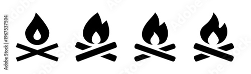 Four simple campfire icons with logs and flames, representing warmth and outdoor activity.