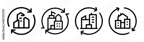 Circular economy icons in a city context, symbolizing urban sustainability and recycling.