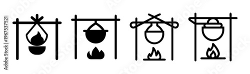 Four icons depicting campfire cooking with pots suspended over flames on a grill.