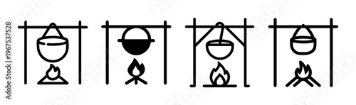 Campfire cooking icons: pots hanging over open fire, outdoor meal preparation