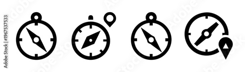 Compass icons with map pin: navigation tools for travel, orientation, and outdoor exploration