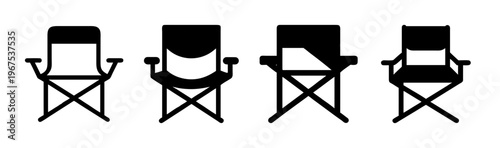 Various camping chairs icons: portable folding seats for outdoor activities, different styles