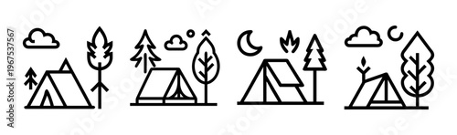 Camping icons: tents, trees, moon, clouds, and campfire scenes at night.