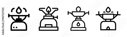 Portable camp stove icons: various designs for outdoor cooking and heating.