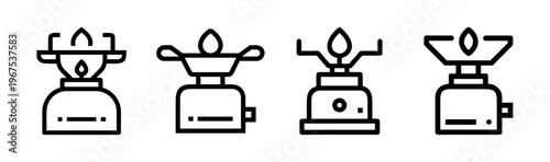 Portable camp stove icons: various designs for outdoor cooking and heating.
