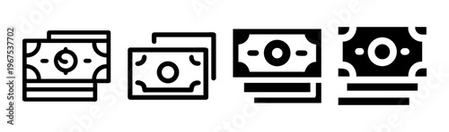 Various icons of stacked banknotes and cash representing money, currency, and financial concepts.