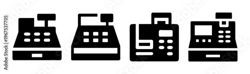 Assortment of cash register icons, vintage and modern POS systems, vector illustration