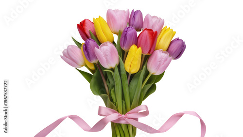 Konstfotografi Colorful bouquet of tulips tied with pink ribbon, isolated on transparent backgr