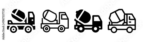 Collection of four cement mixer truck icons in different designs for construction.