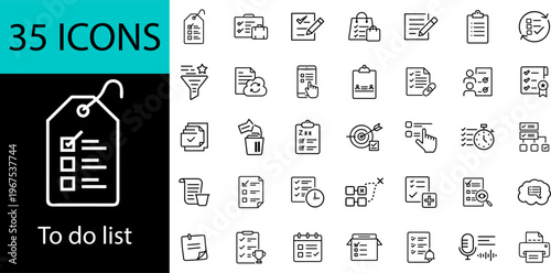 To do list line icons set of 35, editable stroke outline vector symbols for checklist, task management, productivity, planning, reminders and workflow