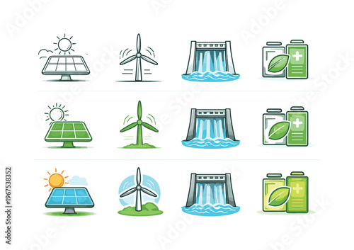 Icon object one for solar generation, icon object two for wind power, icon object three for hydro energy, and icon object four