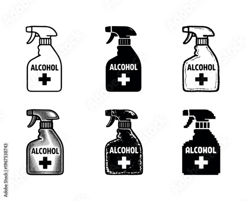 Alcohol spray bottle with trigger nozzle, used to sanitize surfaces and equipment quickly | Create ONE image containing EXACTLY