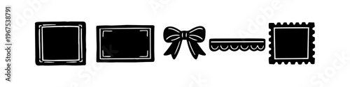 Set of hand-drawn black silhouette scrapbooking elements including frames, ribbon bow, scalloped border, and postage stamp frame. Ideal for stationery design, crafts, and digital projects.
