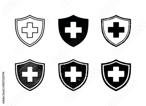 Protective shield emblem featuring a centered medical cross symbol, representing healthcare safety and emergency protection |