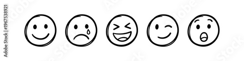 Row of five hand-drawn emoji icons representing different emotions: happy, sad, laughing, winking, and surprised. Minimalist black and white doodle style for social media and feedback.