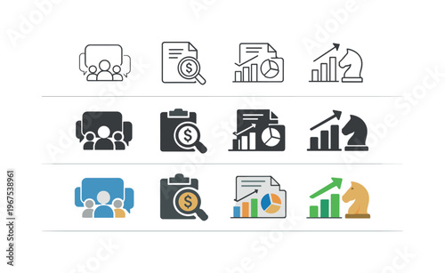 Icon object one for shareholder communication, icon object two for financial transparency, icon object three for market reporting
