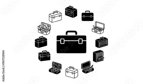 Toolbox and hardware toolkit icon set with mixed outline and silhouette styles for UI and app design isolated on white background