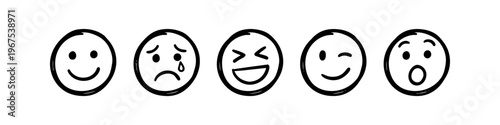 Hand-drawn emoticon set featuring various expressions: happy, sad, laughing, winking, and surprised. Simple black ink doodle style isolated on a clean white background.