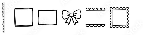 Hand-drawn doodle frames and bow elements set. Minimalist black ink line art for scrapbooking, stationary design, and digital journaling. Sketchy rectangular and square borders.
