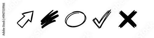 Hand-drawn black marker elements set including an arrow, scribble, circle, checkmark, and cross. Minimalist doodle icons for highlighting and correction on a white background.