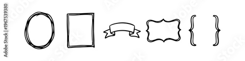 A collection of hand-drawn vector frames and decorative elements including a circle, square, banner, ornate border, and curly brackets in a minimalist black ink sketch style.