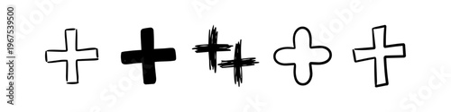 Set of hand-drawn black plus sign symbols on a white background. Hand-sketched cross icons with different styles including outline, solid, and scribble for graphic design and UI elements.