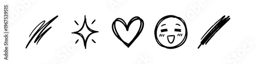 Collection of hand-drawn doodle icons: heart, star, happy face emoji, and ink scribbles. Black and white minimalist sketch elements for creative design projects and digital scrapbooking.