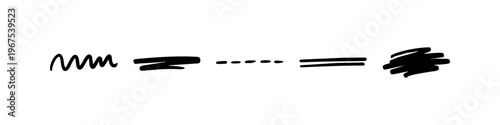 Set of hand-drawn black ink brush strokes, underlines, and scribbles. Minimalist doodle elements for graphic design, highlighting, and correction marks isolated on a white background.