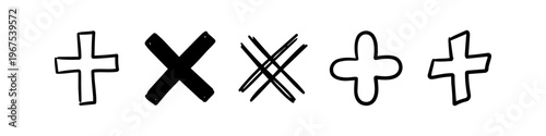 Set of hand-drawn plus and cross symbols in black ink. Minimalistic doodle elements including plus signs and cross marks for math, navigation, or graphic design decoration.