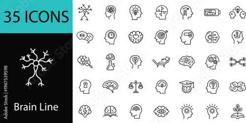 Brain line icons set of 35, editable stroke outline vector symbols for neuroscience, psychology, mental health, learning, creativity and cognition