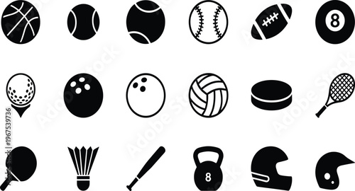 Sports equipment icon set featuring basketball, tennis, baseball, football, billiard ball, golf, bowling, volleyball, hockey puck, and athletic gear symbols.