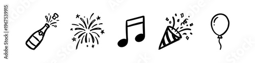 A set of hand-drawn party and celebration doodle icons including champagne, fireworks, music note, party popper, and balloon. Black ink sketch style for festive events and holiday decoration.