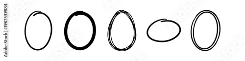 Set of hand-drawn black oval circles and ellipses on a white background. Minimalist doodle frames and sketchy borders for highlighting text or design elements.