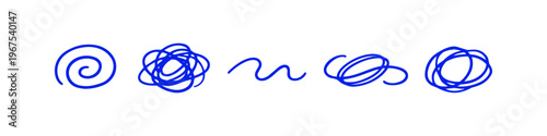 Set of five hand-drawn blue scribbles and tangles on a white background. Conceptual illustration of confusion, process, simplification, and brainstorming for psychological or creative projects.